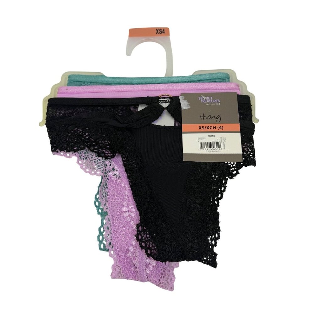 NWT Secret‎ Treasures Womens XS (4) 3 Pack Thong Panty Set Black Pink Teal Lace